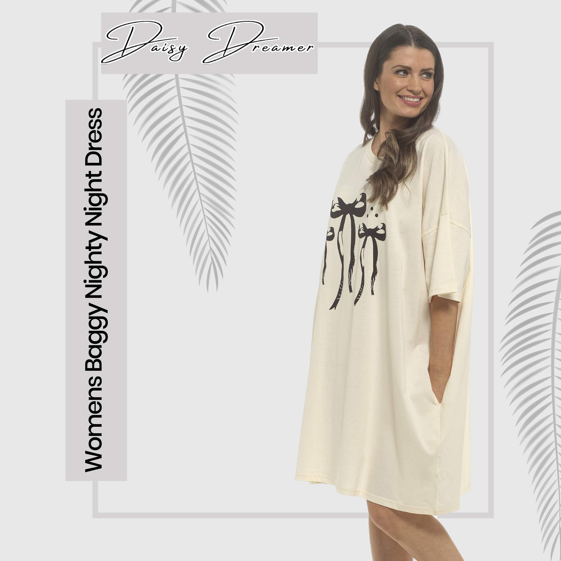 Daisy Dreamer Women Bows Print Nighty Dress Baggy Oversized 100% Cotton Short Sleeved Nightshirt Relaxed Fit Loungewear BOWS Night Dress