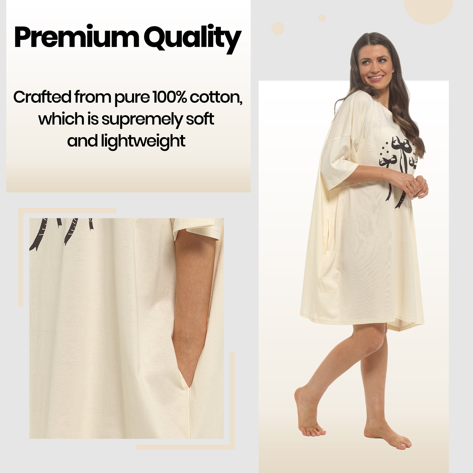 Daisy Dreamer Women Bows Print Nighty Dress Baggy Oversized 100% Cotton Short Sleeved Nightshirt Relaxed Fit Loungewear BOWS Night Dress