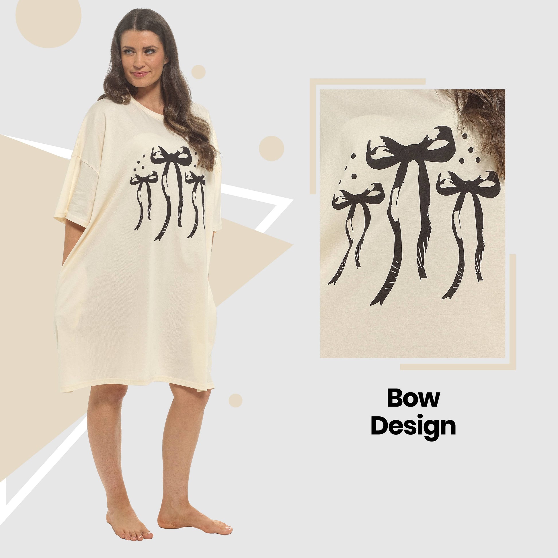 Daisy Dreamer Women Bows Print Nighty Dress Baggy Oversized 100% Cotton Short Sleeved Nightshirt Relaxed Fit Loungewear BOWS Night Dress
