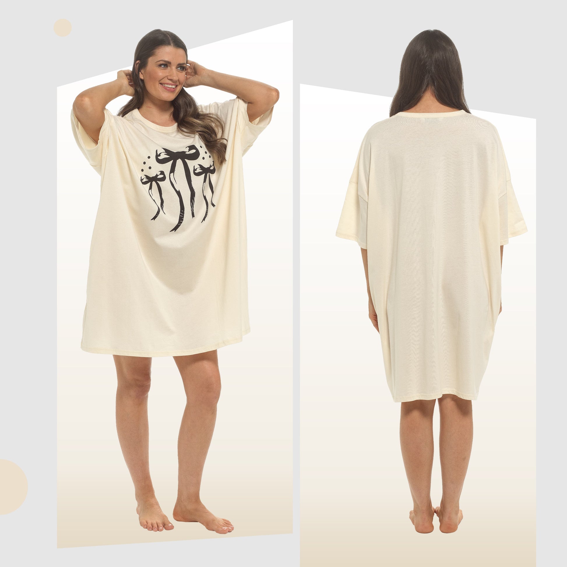 Daisy Dreamer Women Bows Print Nighty Dress Baggy Oversized 100% Cotton Short Sleeved Nightshirt Relaxed Fit Loungewear BOWS Night Dress