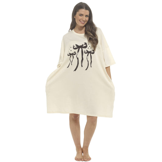 Daisy Dreamer Women Bows Print Nighty Dress Baggy Oversized 100% Cotton Short Sleeved Nightshirt Relaxed Fit Loungewear BOWS Night Dress