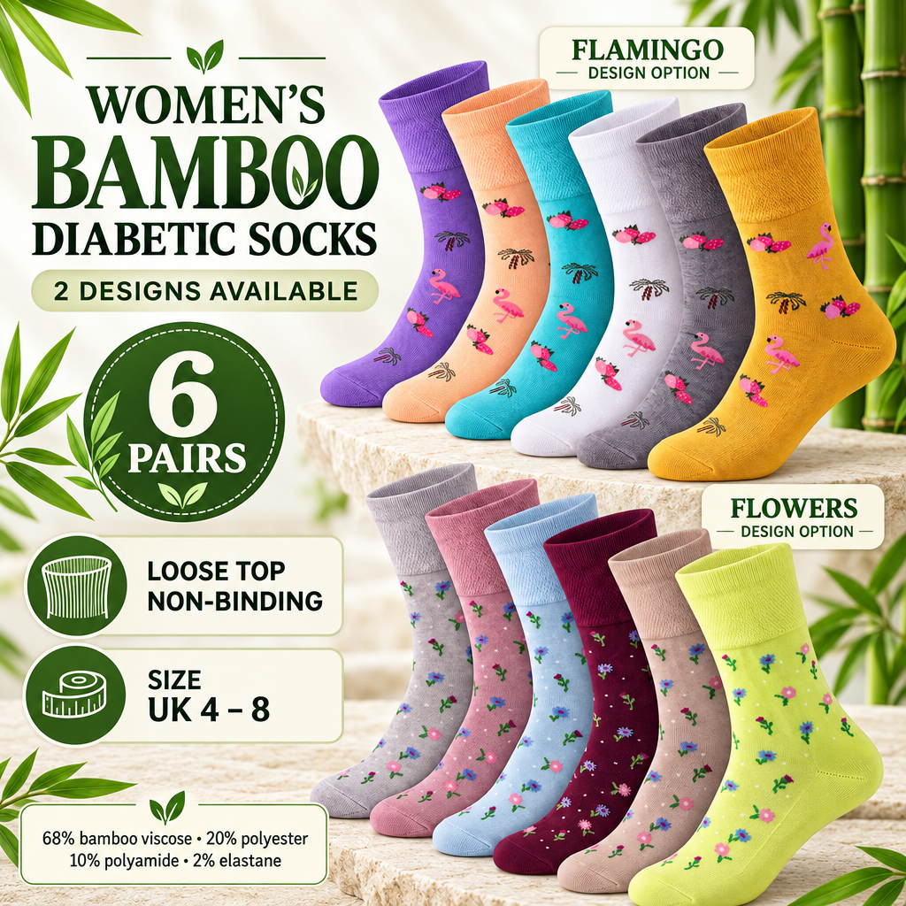 Sock Stack Women's Bamboo Diabetic Socks, 6 pairs, loose non-binding tops, UK sizes 4-8, soft and breathable for comfortable wear.