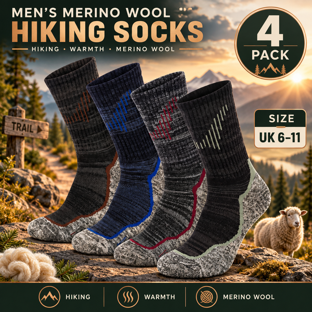 Sock Stack men's Merino wool hiking and walking socks, 4 pairs with cushioning, UK sizes 6-11, shown in the image.
