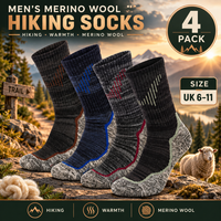 Sock Stack men's Merino wool hiking and walking socks, 4 pairs with cushioning, UK sizes 6-11, shown in the image.