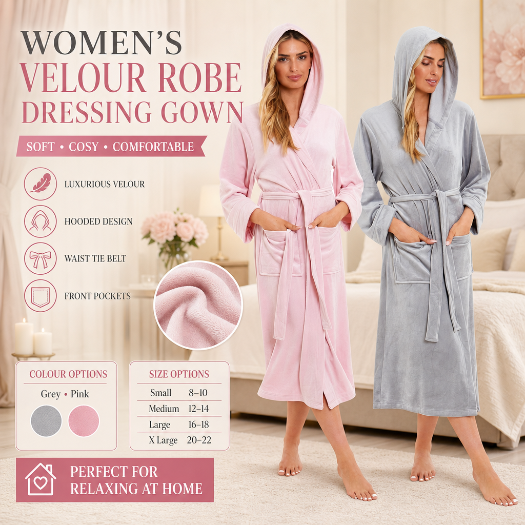 Daisy Dreamer Dames Badjas met Capuchon van Velours Ultra Zacht Luxe Roze en Grijs Gezellig Superzachte Badjas in Hotelstijl