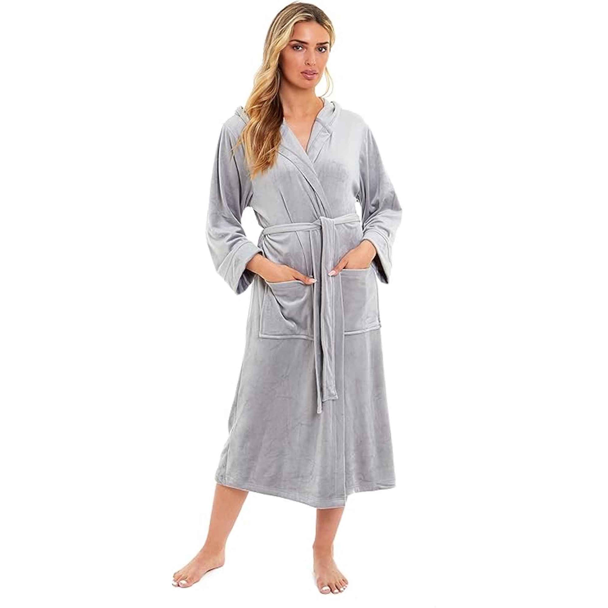 Elegant Women's Hooded Velour Robe Ultra-Soft Luxurious Bathrobe Perfect for Lounging Spa and Gym in Pink and Grey Adjustable Fit Multiple Sizes by Daisy Dreamer GREY / S Robe