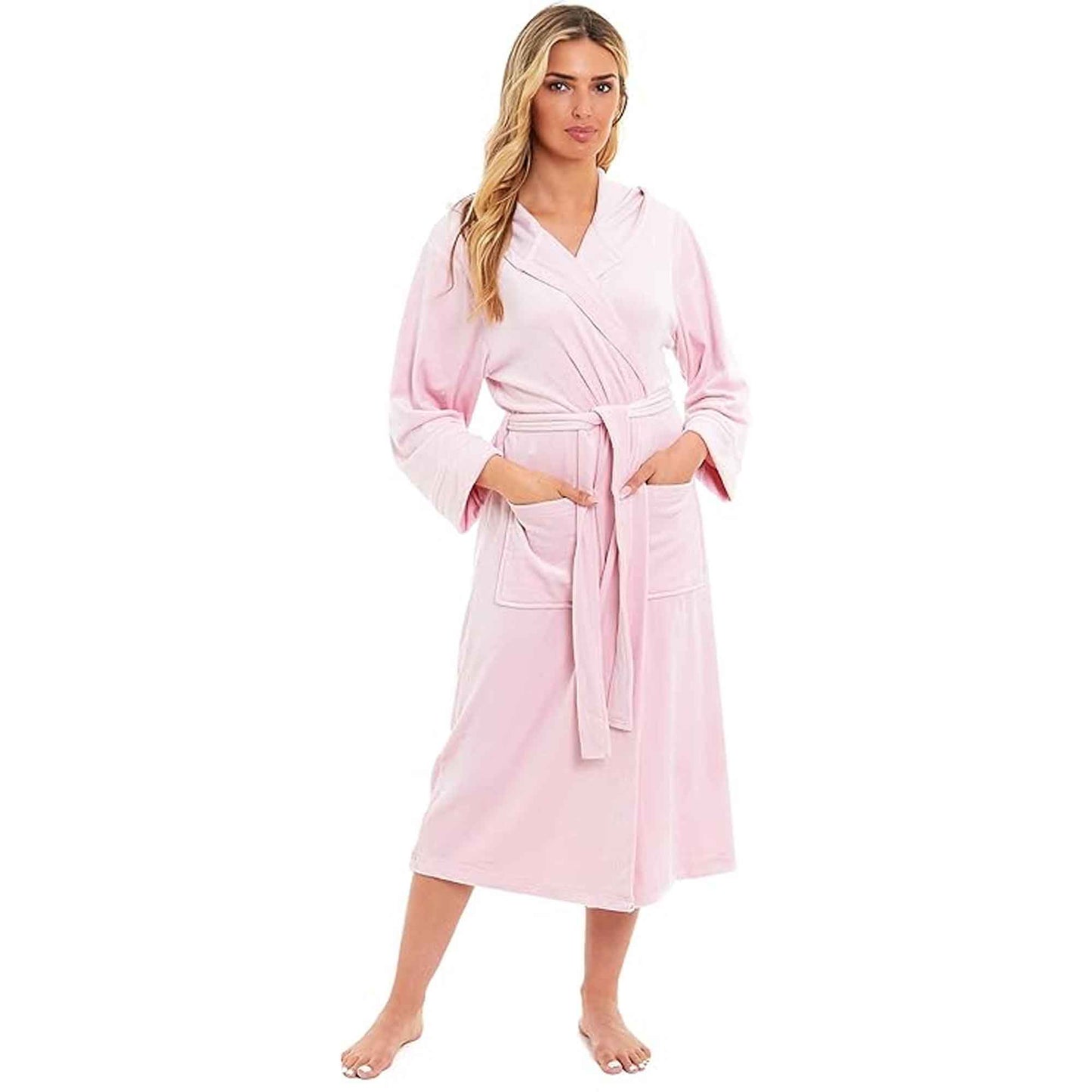 Elegant Women's Hooded Velour Robe Ultra-Soft Luxurious Bathrobe Perfect for Lounging Spa and Gym in Pink and Grey Adjustable Fit Multiple Sizes by Daisy Dreamer PINK / S Robe