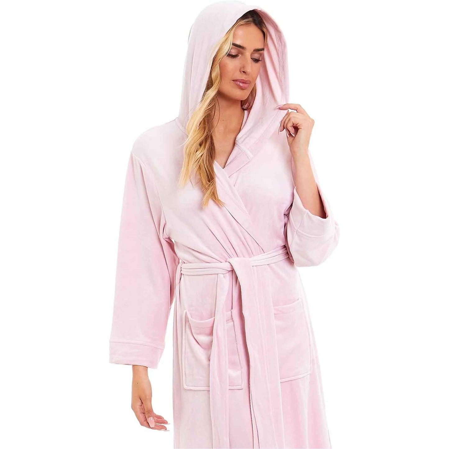 Elegant Women's Hooded Velour Robe Ultra-Soft Luxurious Bathrobe Perfect for Lounging Spa and Gym in Pink and Grey Adjustable Fit Multiple Sizes by Daisy Dreamer Robe