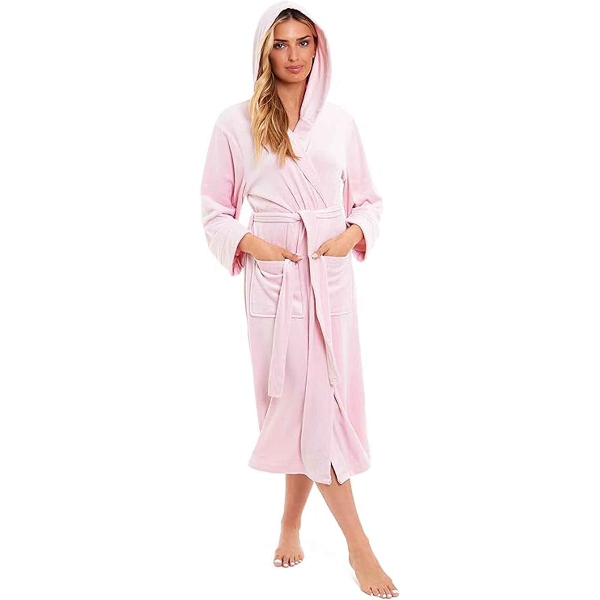 Elegant Women's Hooded Velour Robe Ultra-Soft Luxurious Bathrobe Perfect for Lounging Spa and Gym in Pink and Grey Adjustable Fit Multiple Sizes by Daisy Dreamer Robe