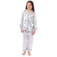 Girls Long Sleeve Satin Silk Pyjama Set Comfortable Button-Down Sleepwear in Black Pink Grey Sizes 5-14 YRS by Daisy Dreamer 5-6 YRS / GREY Pyjamas