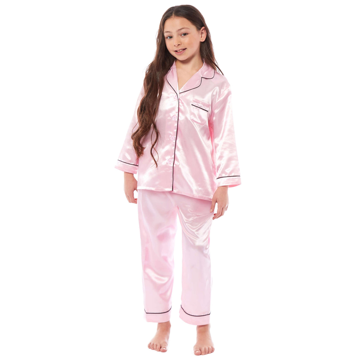 Girls Long Sleeve Satin Silk Pyjama Set Comfortable Button-Down Sleepwear in Black Pink Grey Sizes 5-14 YRS by Daisy Dreamer Pyjamas