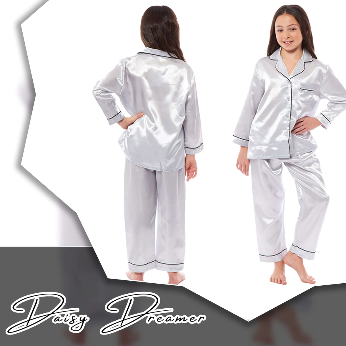 Girls Long Sleeve Satin Silk Pyjama Set Comfortable Button-Down Sleepwear in Black Pink Grey Sizes 5-14 YRS by Daisy Dreamer Pyjamas
