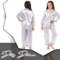 Girls Long Sleeve Satin Silk Pyjama Set Comfortable Button-Down Sleepwear in Black Pink Grey Sizes 5-14 YRS by Daisy Dreamer Pyjamas