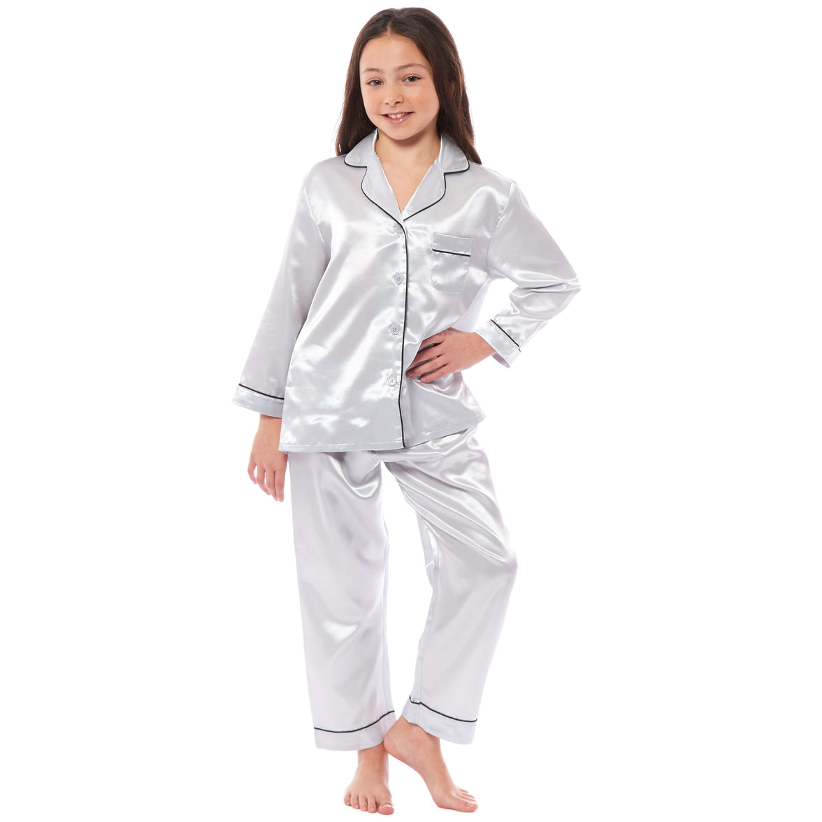 Girls Long Sleeve Satin Silk Pyjama Set Comfortable Button-Down Sleepwear in Black Pink Grey Sizes 5-14 YRS by Daisy Dreamer Pyjamas