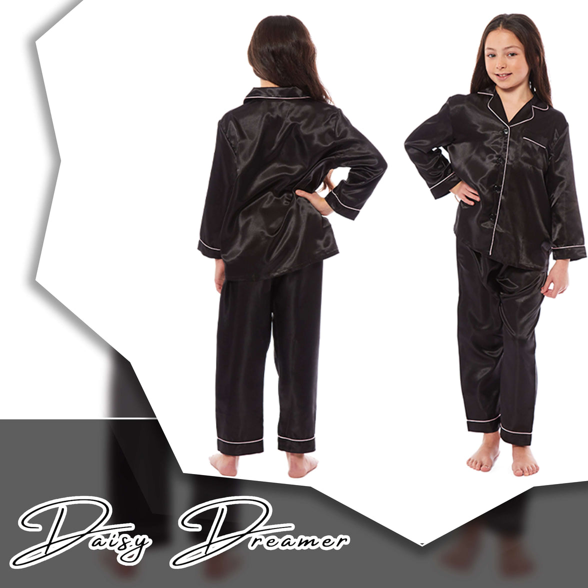 Girls Long Sleeve Satin Silk Pyjama Set Comfortable Button-Down Sleepwear in Black Pink Grey Sizes 5-14 YRS by Daisy Dreamer Pyjamas