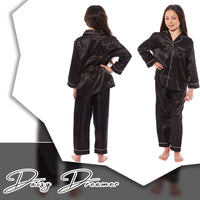 Girls Long Sleeve Satin Silk Pyjama Set Comfortable Button-Down Sleepwear in Black Pink Grey Sizes 5-14 YRS by Daisy Dreamer Pyjamas