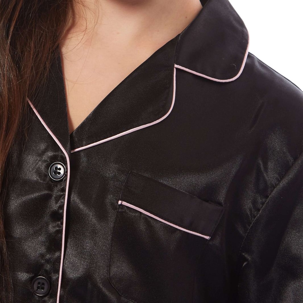 Girls Long Sleeve Satin Silk Pyjama Set Comfortable Button-Down Sleepwear in Black Pink Grey Sizes 5-14 YRS by Daisy Dreamer Pyjamas