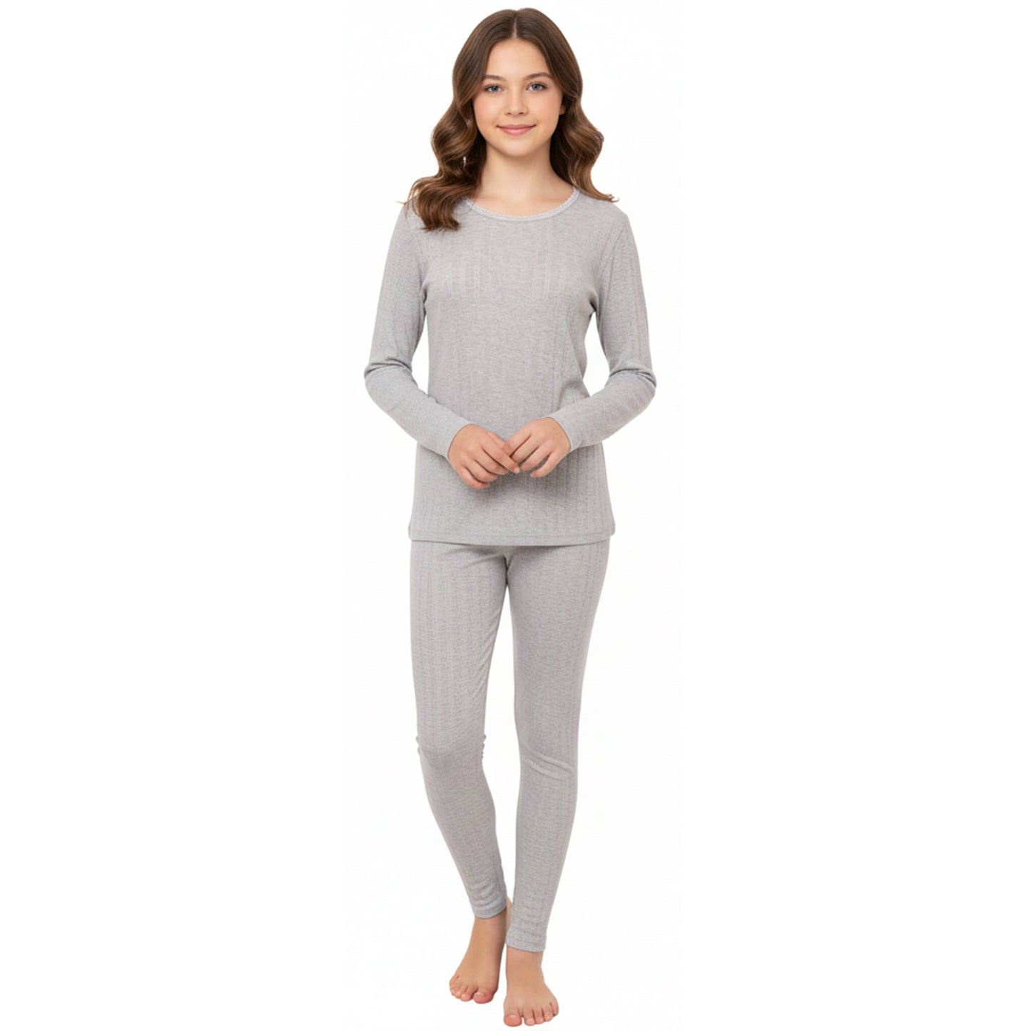 Girls Thermal Underwear Set Fleece Lined Long Sleeve Top & Bottom Kids Winter Base Layer for Cold Weather by Heatwave Thermalwear Marl Grey / 3-5 Years Thermal Underwear