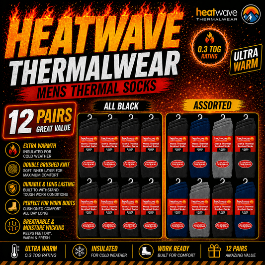 Heatwave Thermalwear Men's Black Thermal Socks 12 Pairs for Work Boots Insulation Double Brushed Advanced Knitting Technology Socks