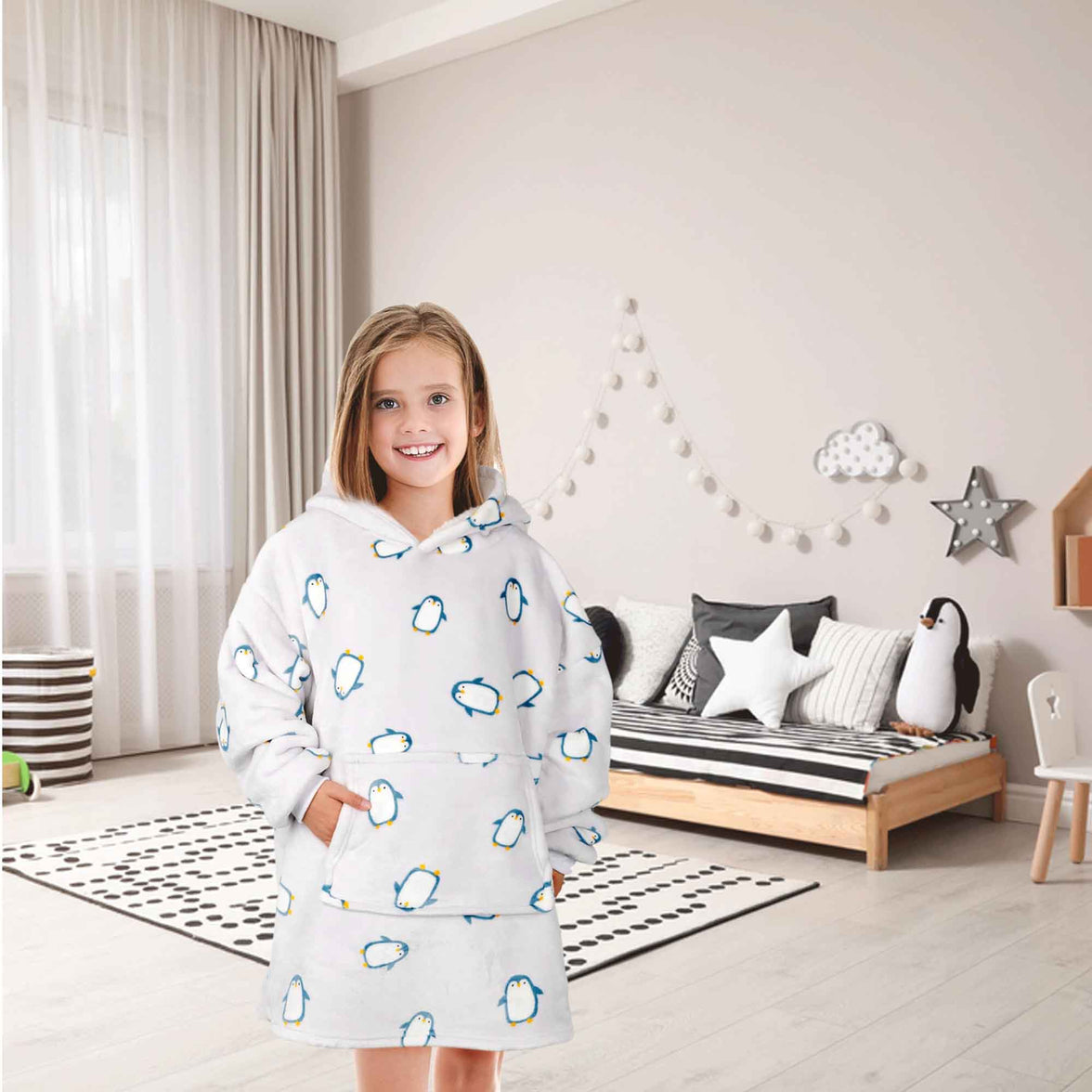 Kids Cozy Oversized Hooded Penguin Blanket Plush Flannel Fleece Hoodie with Sherpa Lining Ages 8-15 Warm Comfortable Durable Loungewear Gift by Daisy Dreamer PENGUIN Hooded Blanket