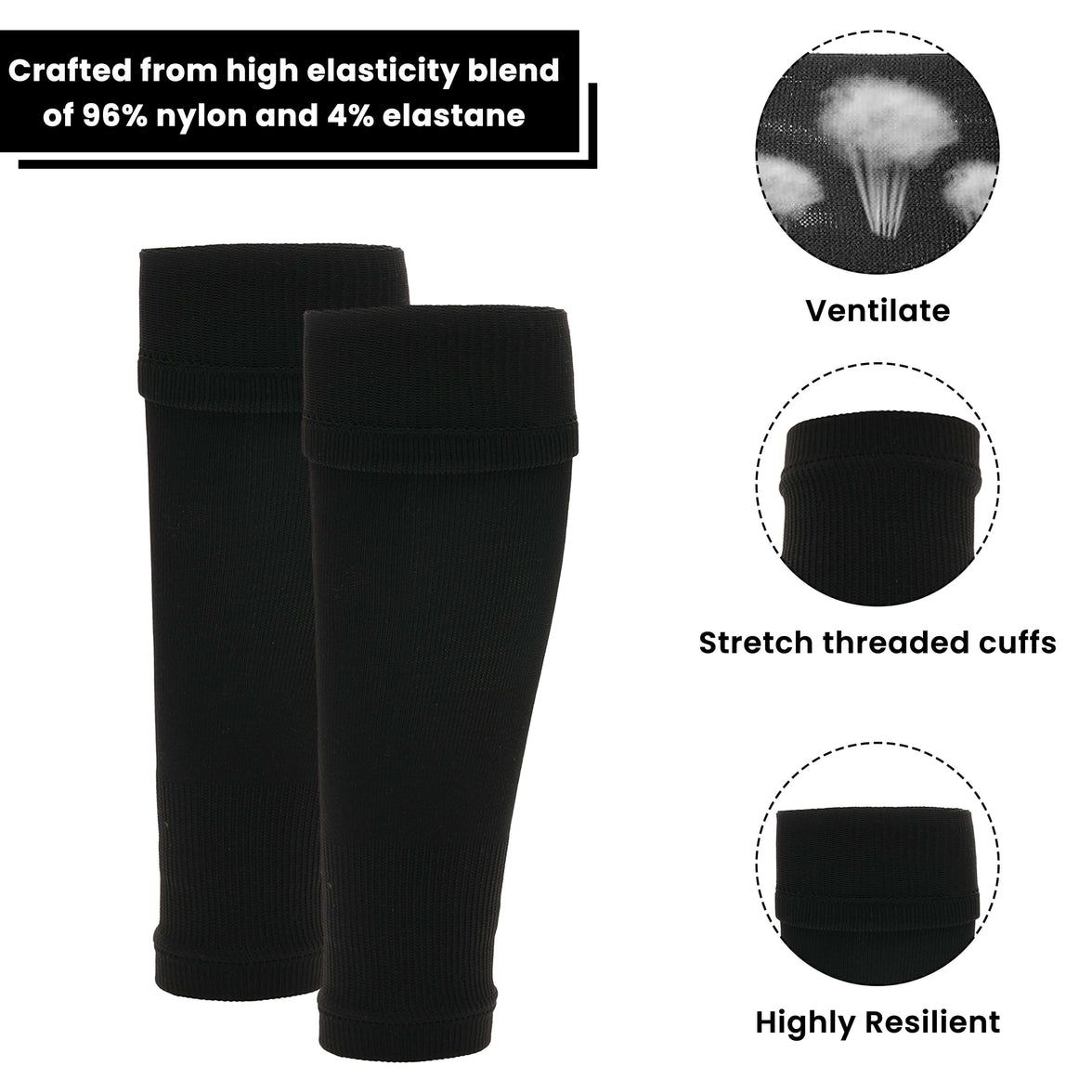 Kids Leg Sleeve Socks Black Fits Over Calf Shin Pads Compression Sleeves for Football Training Running by Sock Stack BLACK Socks