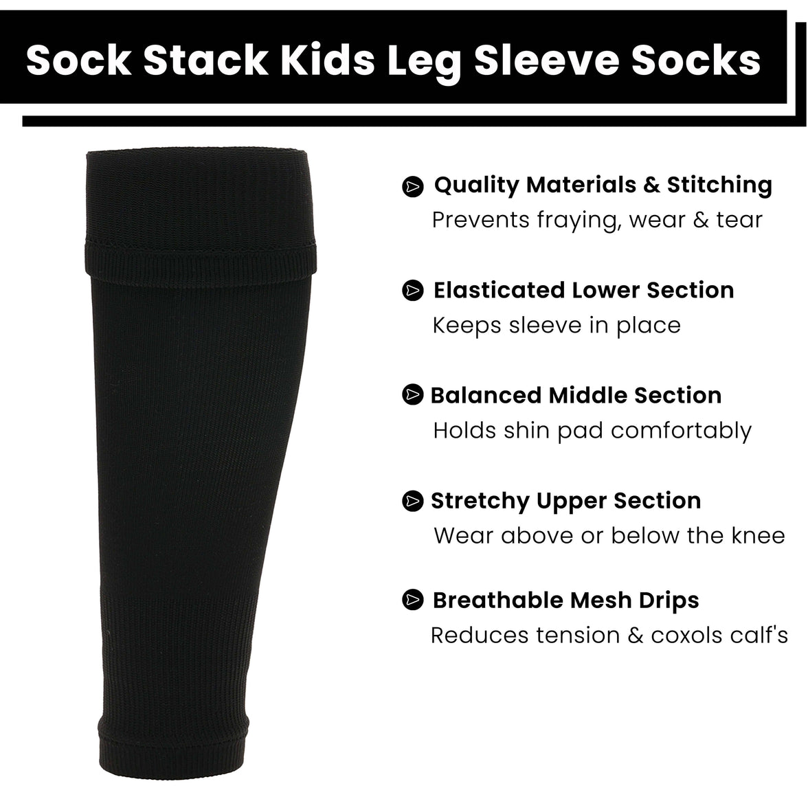 Kids Leg Sleeve Socks Black Fits Over Calf Shin Pads Compression Sleeves for Football Training Running by Sock Stack BLACK Socks