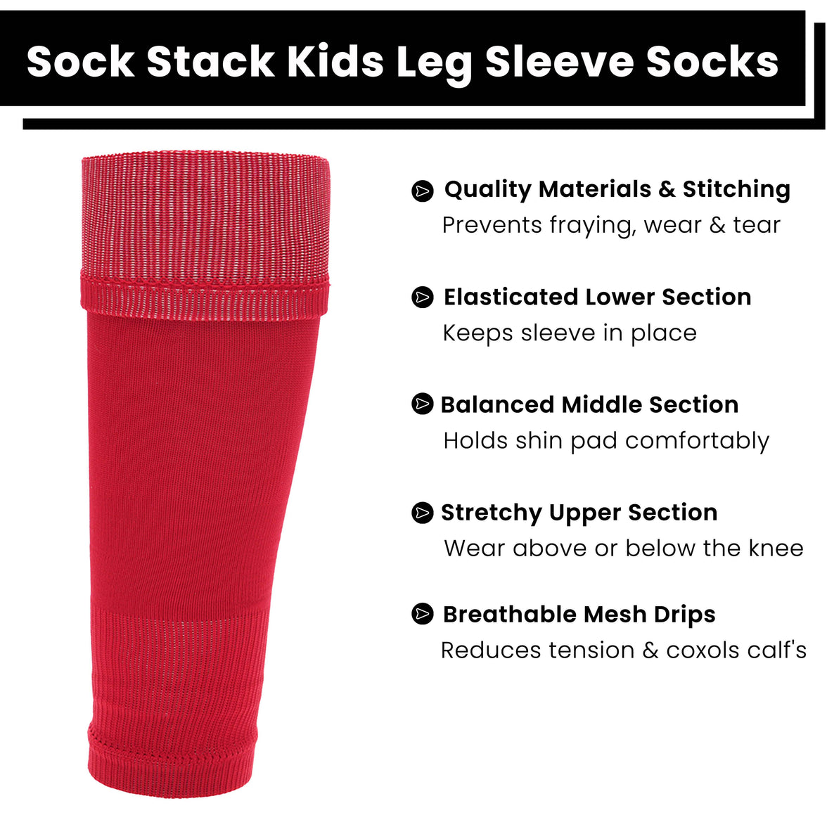 Kids Leg Sleeve Socks Red Fits Over Calf Shin Pads Compression Sleeves for Football Training Running by Sock Stack RED Socks