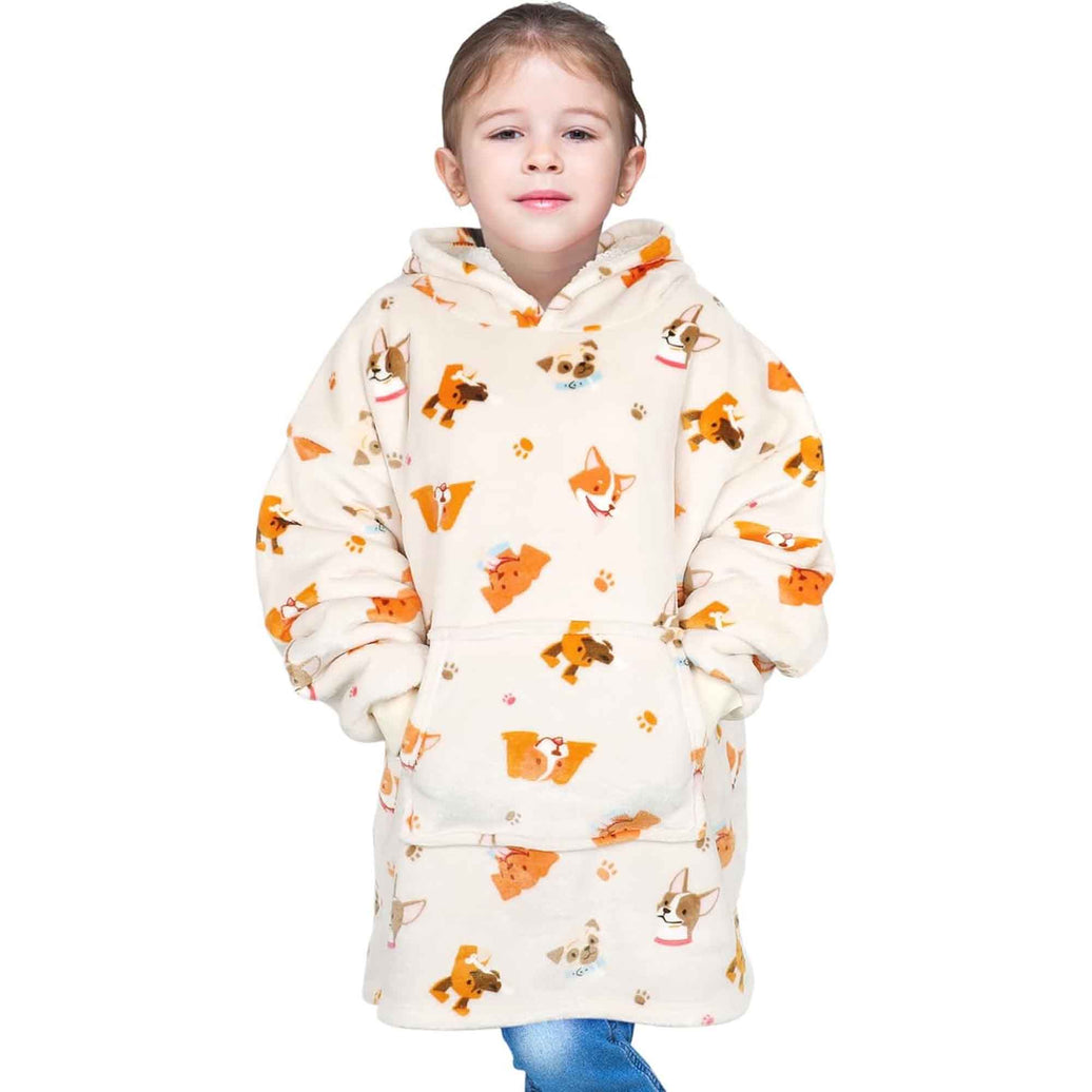 Kids Oversized Hooded Blanket Sweatshirt Ultra Soft Sherpa Fur Flannel Fleece Hoodie for Ages 8-15 with Fun Dog Print by Daisy Dreamer DOGS Hooded Blanket
