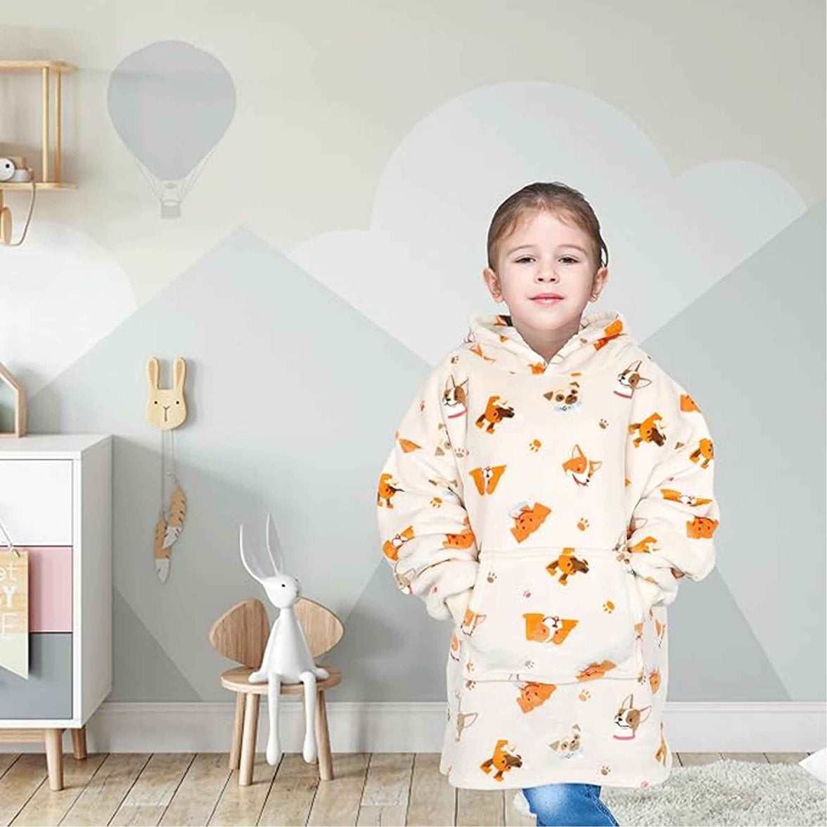 Kids Oversized Hooded Blanket Sweatshirt Ultra Soft Sherpa Fur Flannel Fleece Hoodie for Ages 8-15 with Fun Dog Print by Daisy Dreamer DOGS Hooded Blanket