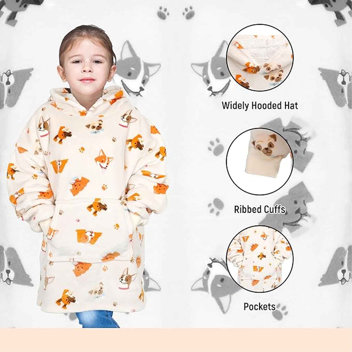 Kids Oversized Hooded Blanket Sweatshirt Ultra Soft Sherpa Fur Flannel Fleece Hoodie for Ages 8-15 with Fun Dog Print by Daisy Dreamer DOGS Hooded Blanket