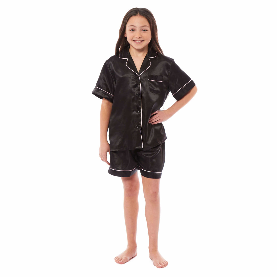 Kids Satin Silk Pyjama Set for Girls with Button-Down Shirt and Loose-Fitting Pants Comfortable Loungewear in Black Pink Grey Ages 5-14 by Daisy Dreamer 5-6 YRS / BLACK Pyjamas