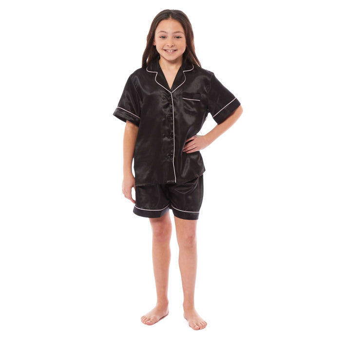 Kids Satin Silk Pyjama Set for Girls with Button-Down Shirt and Loose-Fitting Pants Comfortable Loungewear in Black Pink Grey Ages 5-14 by Daisy Dreamer 5-6 YRS / BLACK Pyjamas