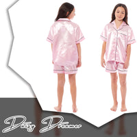Kids Satin Silk Pyjama Set for Girls with Button-Down Shirt and Loose-Fitting Pants Comfortable Loungewear in Black Pink Grey Ages 5-14 by Daisy Dreamer Pyjamas
