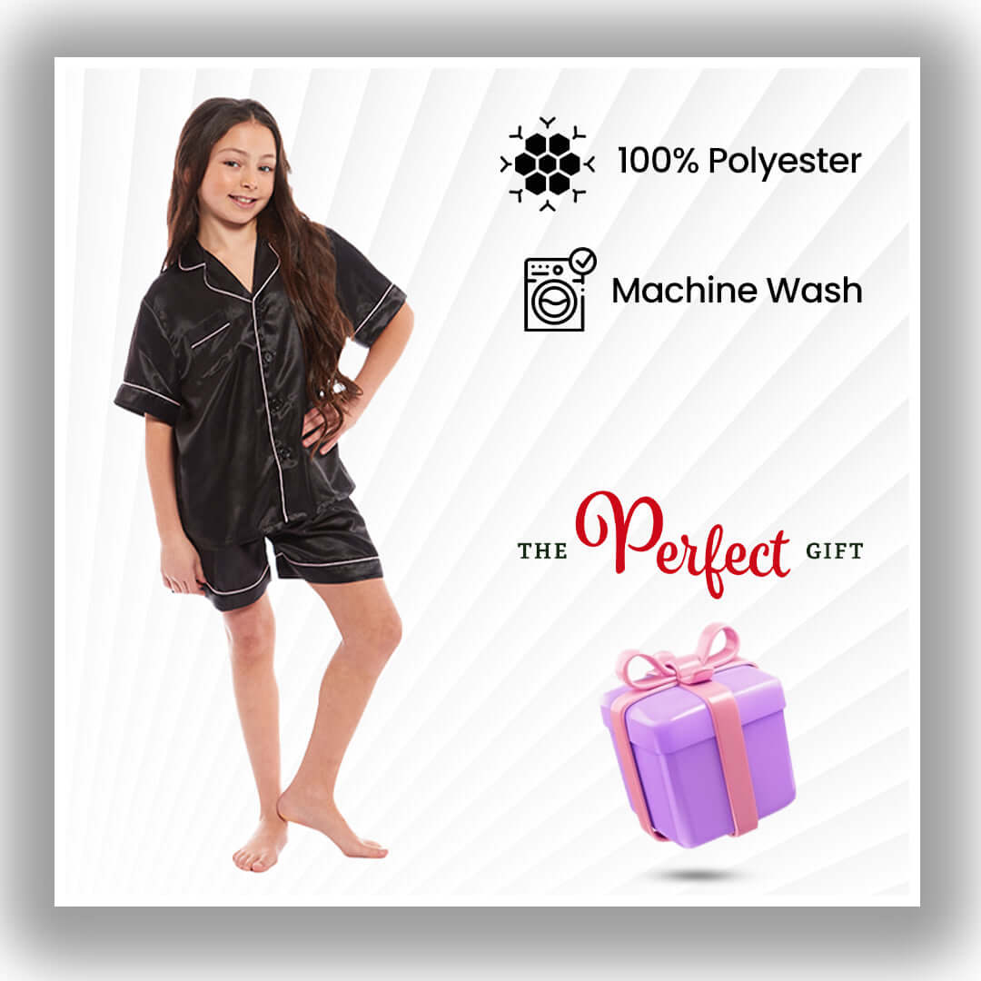 Kids Satin Silk Pyjama Set for Girls with Button-Down Shirt and Loose-Fitting Pants Comfortable Loungewear in Black Pink Grey Ages 5-14 by Daisy Dreamer Pyjamas