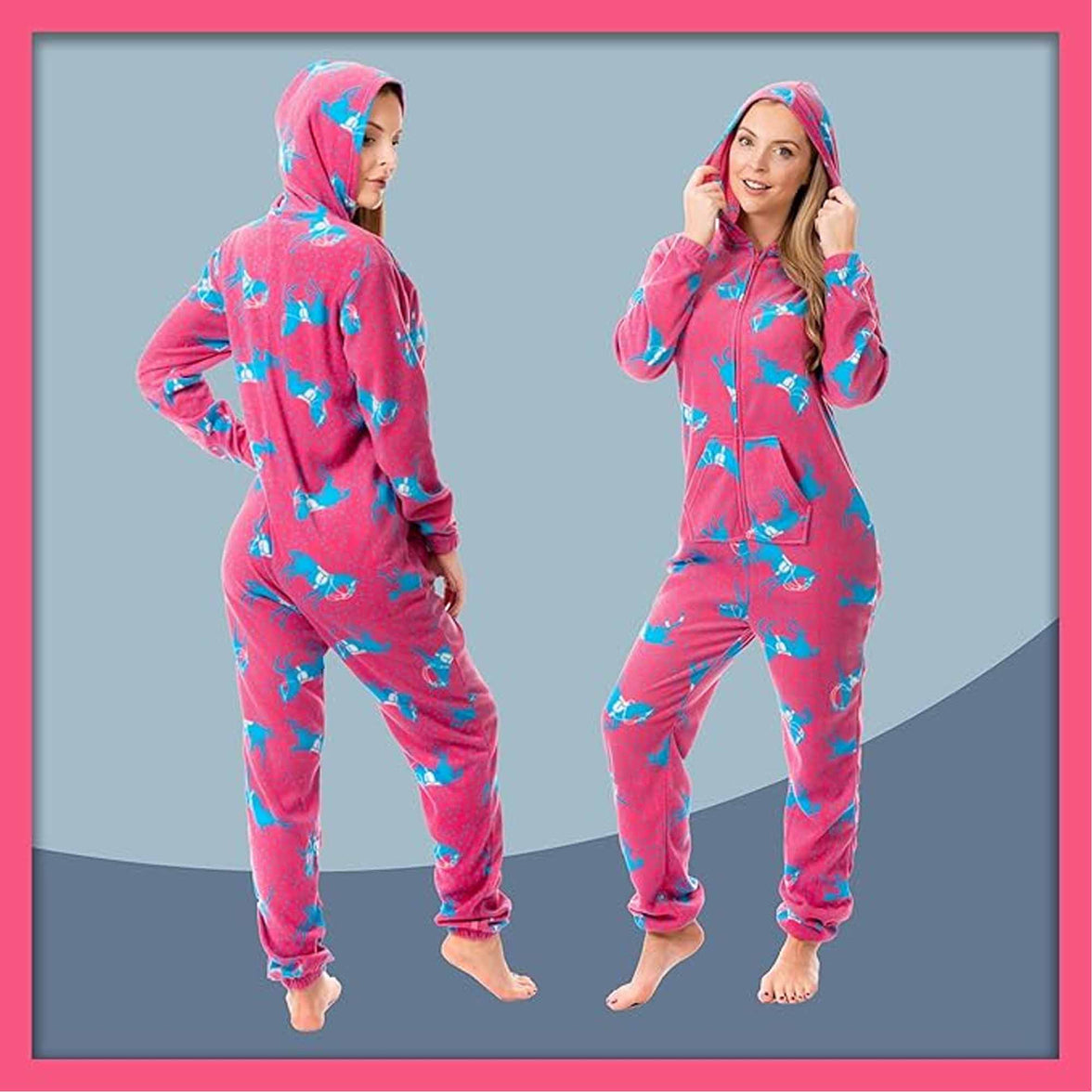 Ladies Soft Horse Print Fleece Hooded Onesie Pyjamas Warm Nightwear Jumpsuit with Zipper Elastic Cuffs Pink Blue Sizes 10-20 by Daisy Dreamer Pyjamas