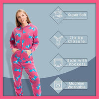 Ladies Soft Horse Print Fleece Hooded Onesie Pyjamas Warm Nightwear Jumpsuit with Zipper Elastic Cuffs Pink Blue Sizes 10-20 by Daisy Dreamer Pyjamas