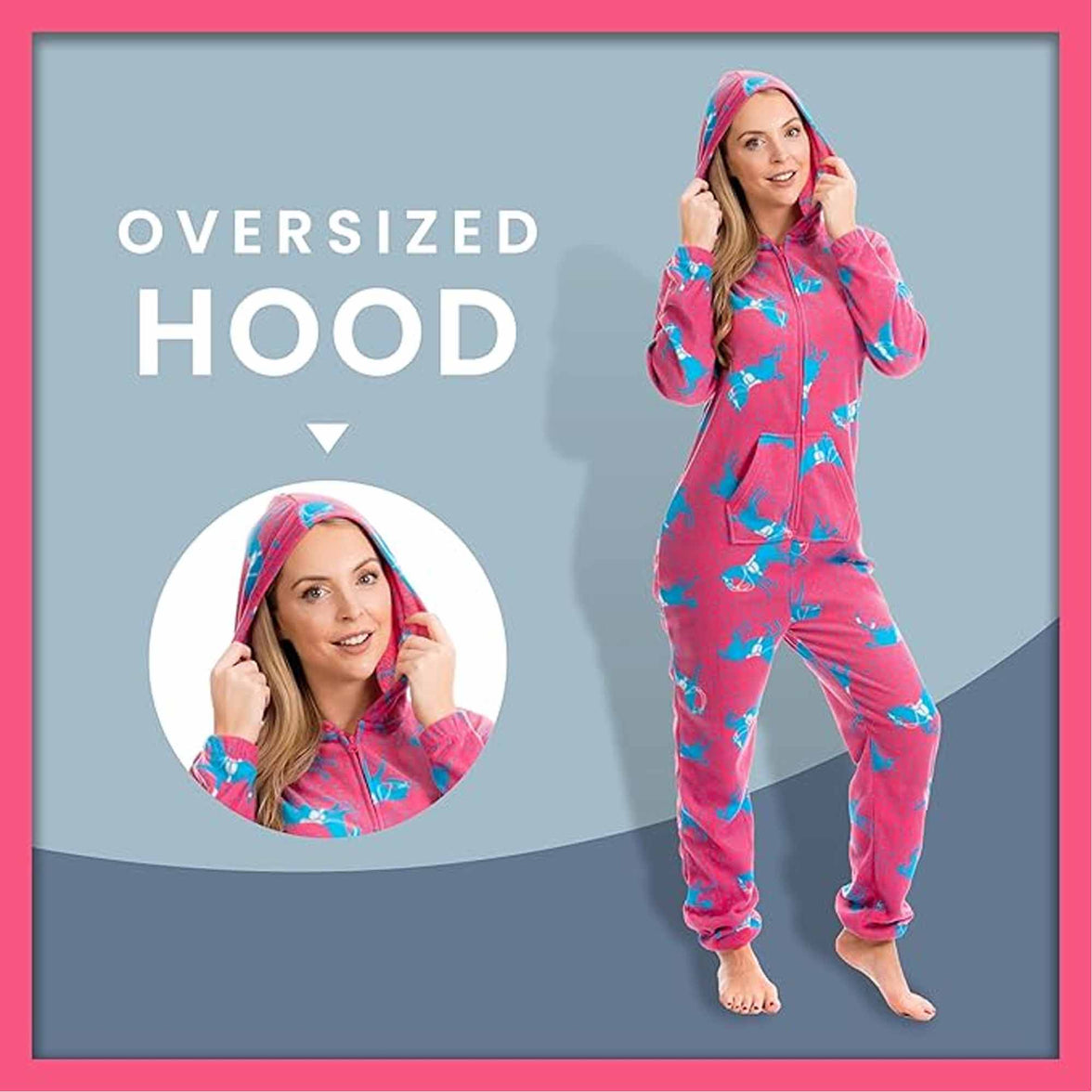Ladies Soft Horse Print Fleece Hooded Onesie Pyjamas Warm Nightwear Jumpsuit with Zipper Elastic Cuffs Pink Blue Sizes 10-20 by Daisy Dreamer Pyjamas