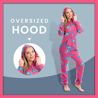 Ladies Soft Horse Print Fleece Hooded Onesie Pyjamas Warm Nightwear Jumpsuit with Zipper Elastic Cuffs Pink Blue Sizes 10-20 by Daisy Dreamer Pyjamas