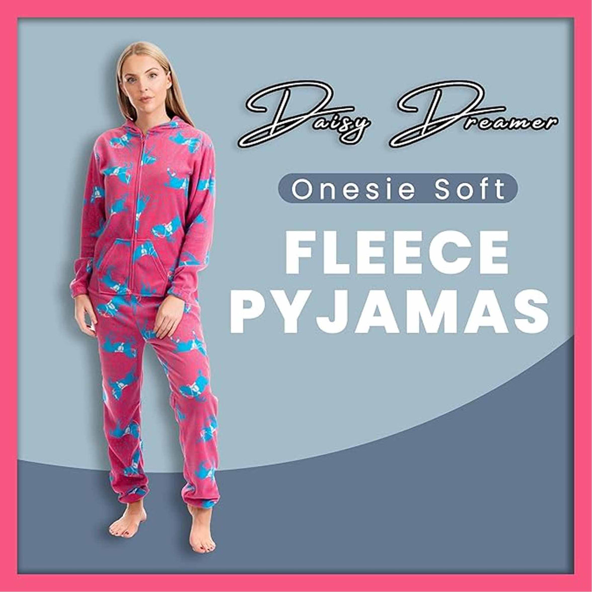 Ladies Soft Horse Print Fleece Hooded Onesie Pyjamas Warm Nightwear Jumpsuit with Zipper Elastic Cuffs Pink Blue Sizes 10-20 by Daisy Dreamer Pyjamas