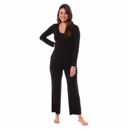 Ladies Ultra Soft Long Sleeve Pyjama Set Stretch Fit Black Green, Cozy All Seasons Loungewear, Viscose Spandex Women's Nightwear UK Sizes 8-22 by Daisy Dreamer SMALL | UK 8-10 / BLACK Pyjamas