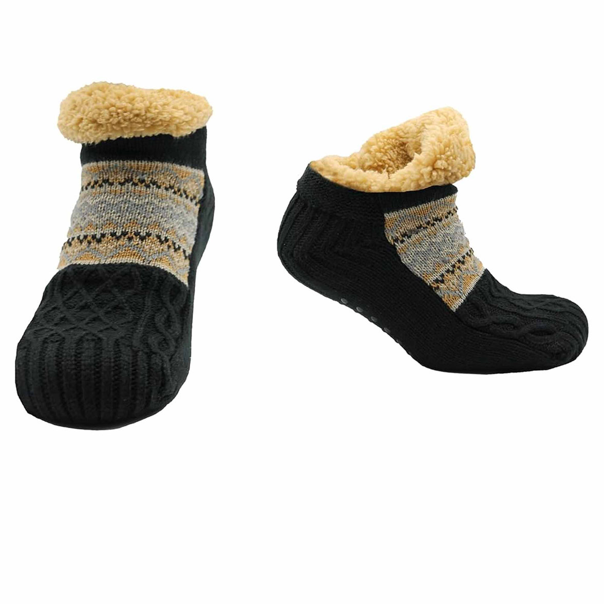 Luxurious Nordic Fluffy Sherpa Lined Slipper Socks for Men and Women Warm Non-Slip Indoor Winter House Shoes Fair Isle Black Navy Grey UK 4-7 8-12 by Sock Stack S/M / FAIRE ISLE BLACK Socks