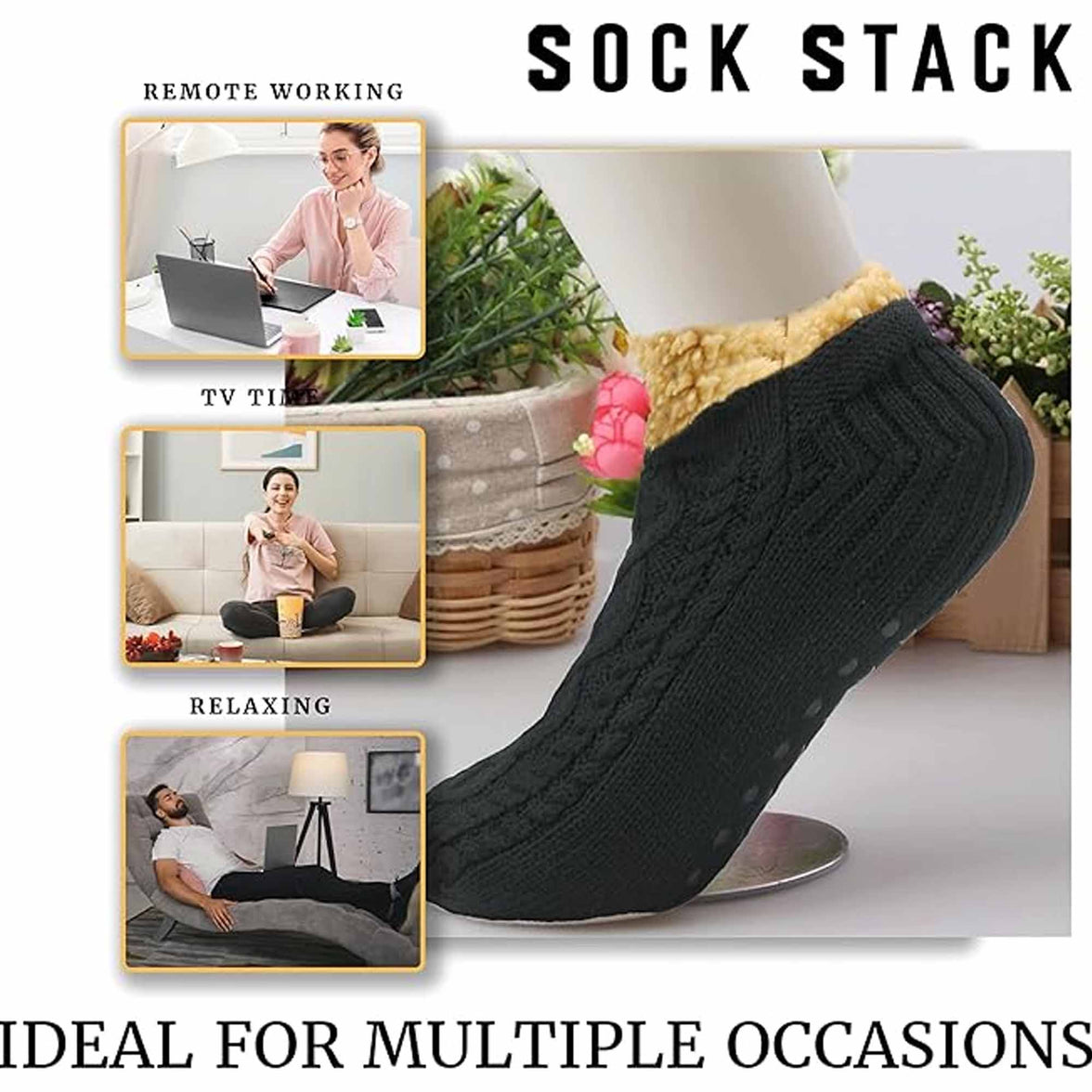 Luxurious Nordic Fluffy Sherpa Lined Slipper Socks for Men and Women Warm Non-Slip Indoor Winter House Shoes Fair Isle Black Navy Grey UK 4-7 8-12 by Sock Stack Socks