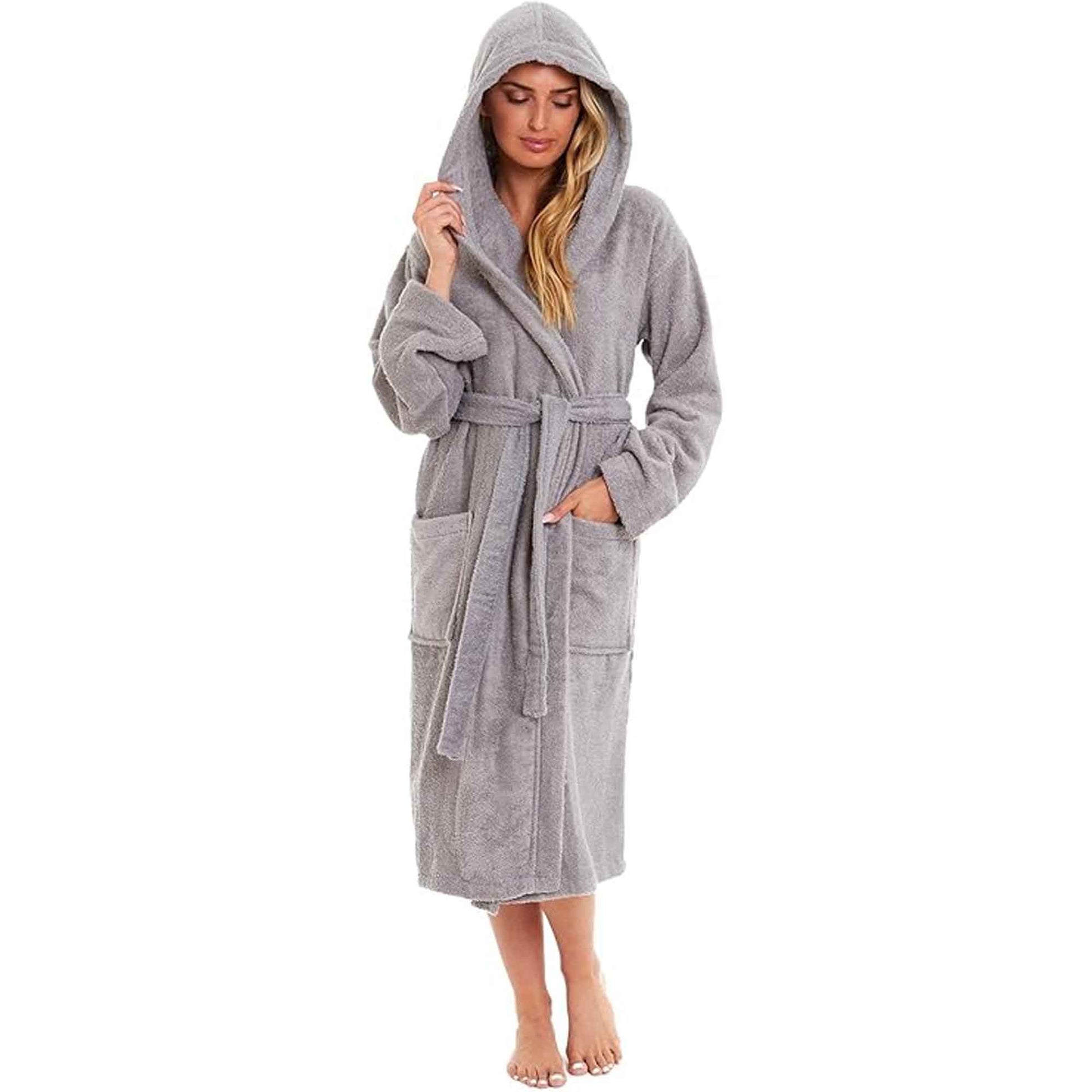 Luxurious Women's Bamboo Hooded Dressing Gown Ultra Absorbent Soft Towelling Robe for Spa Gym Home in Grey or White Sizes S to XL Daisy Dreamer Robe