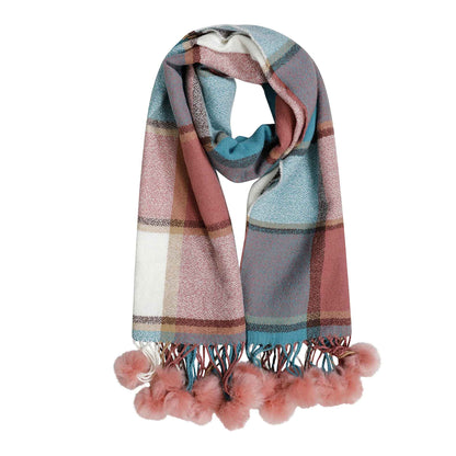 Luxurious Women's Oversized Soft Touch Scarf Blanket with Pom Poms Red and Pink Check Shawl Wrap Warm Winter Fashion 100 Acrylic by Sock Stack PINK Scarves