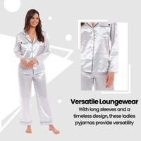 Luxurious Women's Satin Silk Long Sleeve Pyjama Set Cozy Loungewear Nightwear with Dress Shirt Collar and Loose-Fitting Pants in Black Pink Grey by Daisy Dreamer Pyjamas