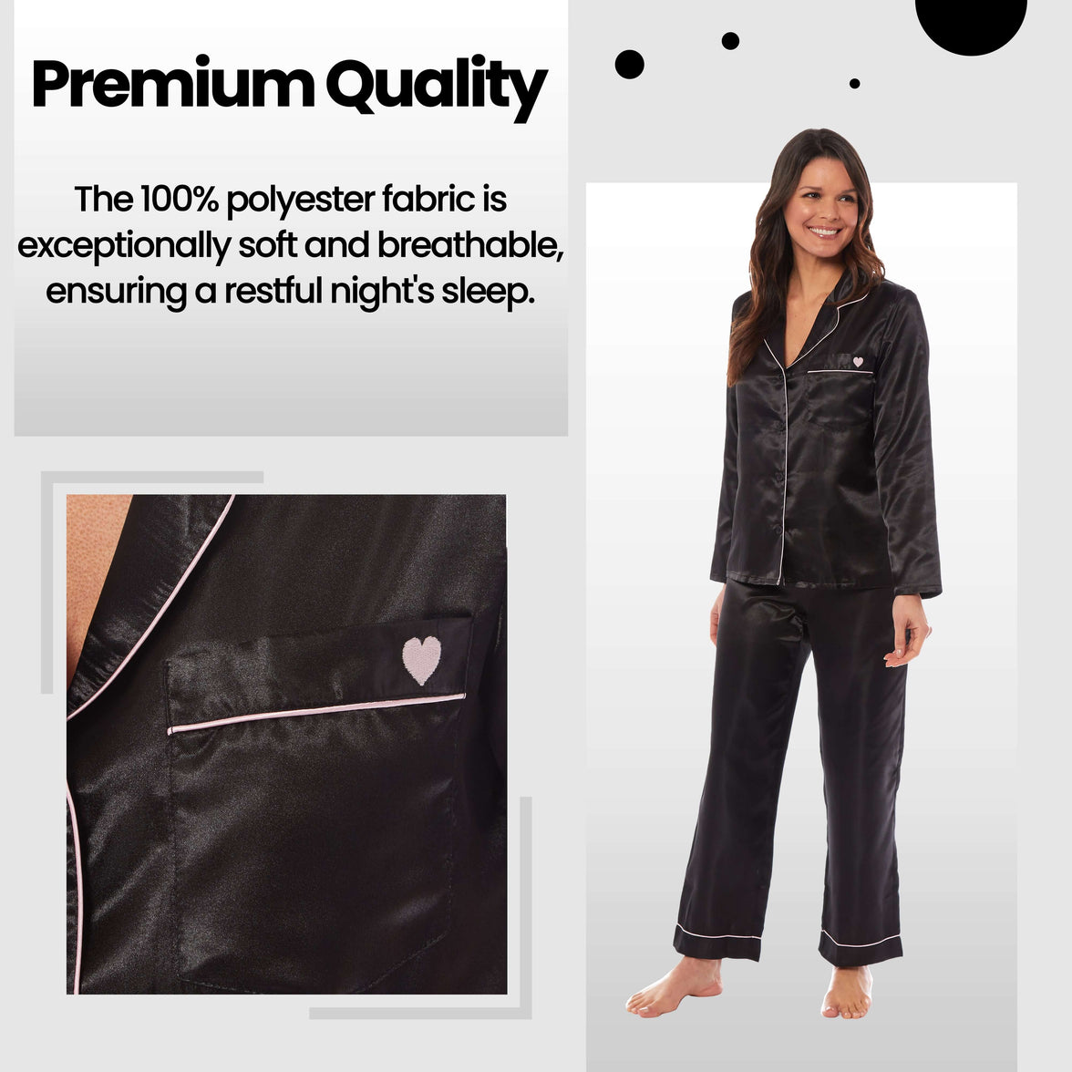 Luxurious Women's Satin Silk Long Sleeve Pyjama Set Cozy Loungewear Nightwear with Dress Shirt Collar and Loose-Fitting Pants in Black Pink Grey by Daisy Dreamer Pyjamas