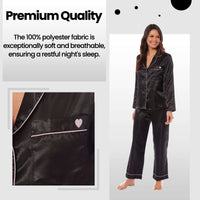 Luxurious Women's Satin Silk Long Sleeve Pyjama Set Cozy Loungewear Nightwear with Dress Shirt Collar and Loose-Fitting Pants in Black Pink Grey by Daisy Dreamer Pyjamas