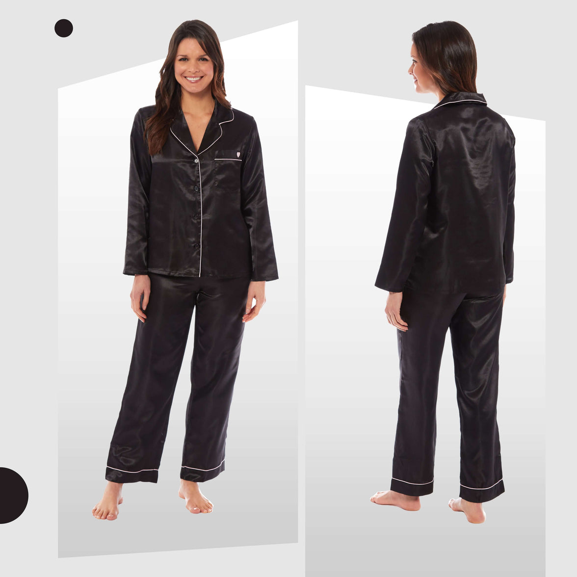 Luxurious Women's Satin Silk Long Sleeve Pyjama Set Cozy Loungewear Nightwear with Dress Shirt Collar and Loose-Fitting Pants in Black Pink Grey by Daisy Dreamer Pyjamas