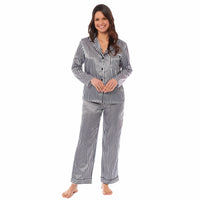 Luxurious Women's Satin Silk Long Sleeve Pyjama Set Cozy Loungewear Nightwear with Dress Shirt Collar and Loose-Fitting Pants in Black Pink Grey by Daisy Dreamer SMALL | UK 8-10 / BLACK STRIPES Pyjamas