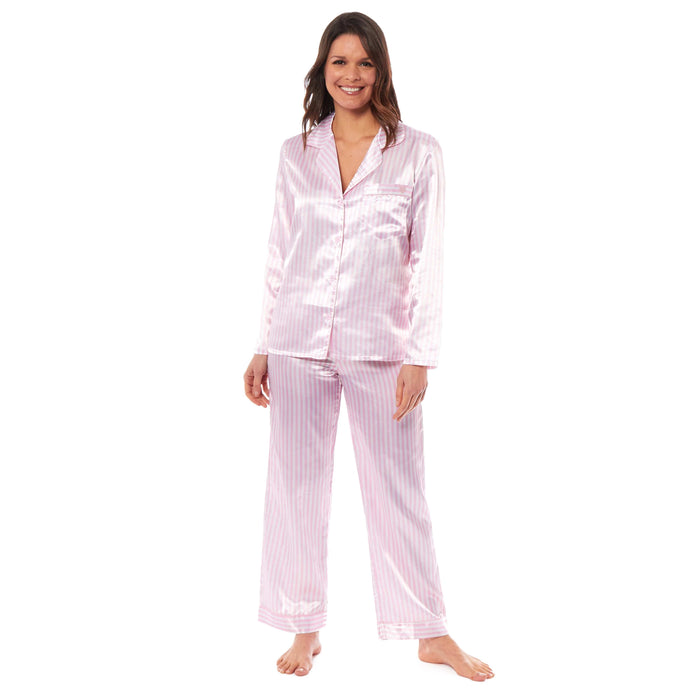 Luxurious Women's Satin Silk Long Sleeve Pyjama Set Cozy Loungewear Nightwear with Dress Shirt Collar and Loose-Fitting Pants in Black Pink Grey by Daisy Dreamer SMALL | UK 8-10 / PINK STRIPES Pyjamas